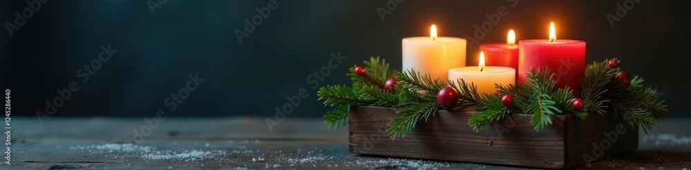 Pine branch and candle arrangement in a dark wood gift box, candles, winter Pine branch and candle arrangement in a dark wood gift box, candles, winter
