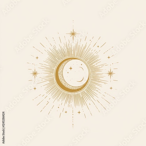 Celestial crescent moon burst, beige background, mystical art, design element