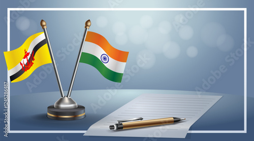 Brunei and India National flags on small table with bokeh background, cooperative relationship