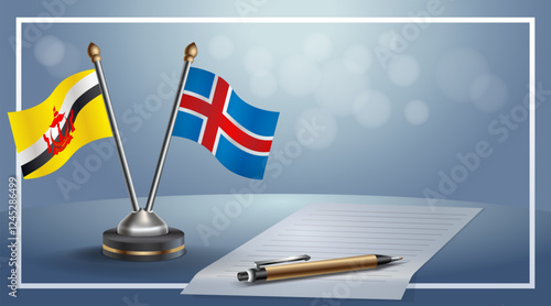 Brunei and Iceland National flags on small table with bokeh background, cooperative relationship