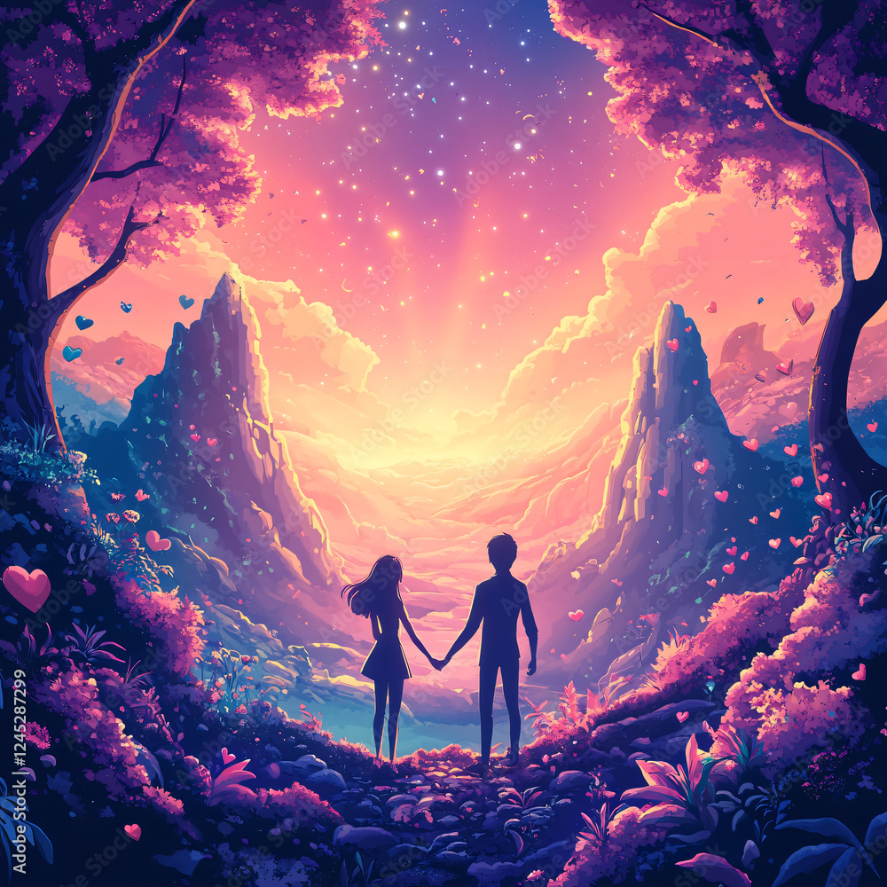 Fototapeta premium A couple standing together under a vibrant sky filled with stars and hearts, symbolizing love.