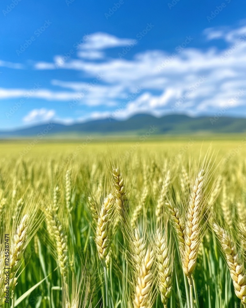 A breathtaking field of golden wheat under a clear blue sky, with distant mountains framing the serene landscape. A breathtaking field of golden wheat under a clear blue sky, with distant mountains framing the serene landscape.