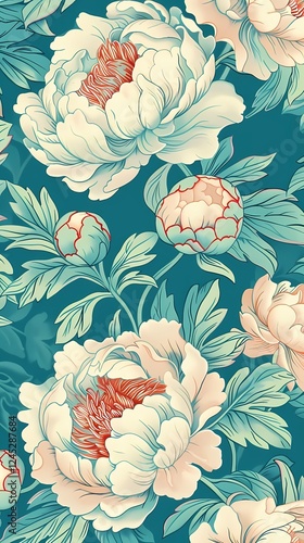 Wallpaper Mural Traditional cyan line peony pattern illustration poster background Torontodigital.ca