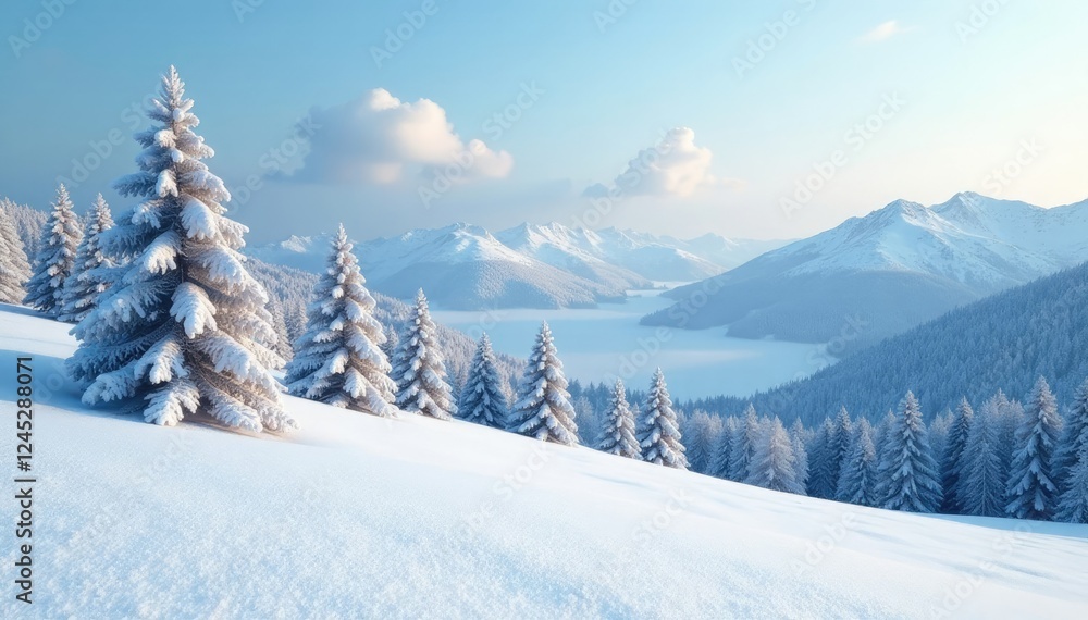 Snowy landscape with metallic silver trees and hills in the background, serene, landscape Snowy landscape with metallic silver trees and hills in the background, serene, landscape
