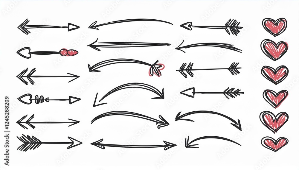 Line shape marker underline, arrow, heart brush element set. Hand drawn sketch marker underline shape, arrow, heart scribble brush pen stroke element. Crown, love graphic icon. Vector illustration Line shape marker underline, arrow, heart brush element set. Hand drawn sketch marker underline shape, arrow, heart scribble brush pen stroke element. Crown, love graphic icon. Vector illustration