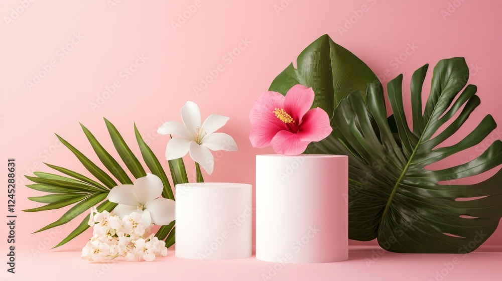 Elegant Floral Display with Tropical Plants and White Flowers on Pink Background Elegant Floral Display with Tropical Plants and White Flowers on Pink Background