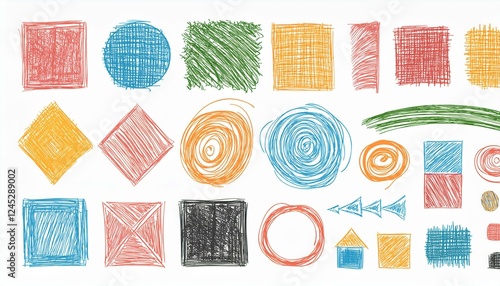 Crayon pencil color brush hand drawn chalk vector element set. Scribble pastel texture brush stroke kid square, spiral, arrow element hand drawn sketch design. Crayon pencil style. Vector illustration