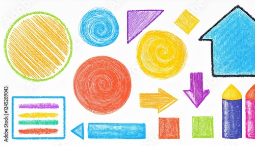 Crayon pencil color brush hand drawn chalk vector element set. Scribble pastel texture brush stroke kid square, spiral, arrow element hand drawn sketch design. Crayon pencil style. Vector illustration