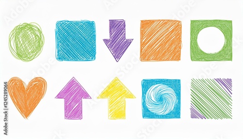 Crayon pencil color brush hand drawn chalk vector element set. Scribble pastel texture brush stroke kid square, spiral, arrow element hand drawn sketch design. Crayon pencil style. Vector illustration