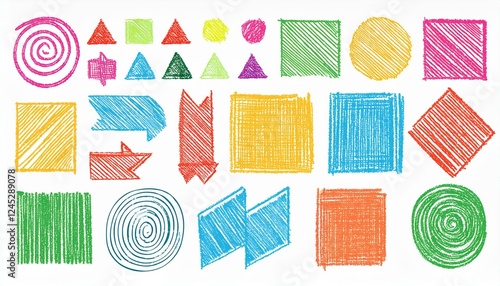 Crayon pencil color brush hand drawn chalk vector element set. Scribble pastel texture brush stroke kid square, spiral, arrow element hand drawn sketch design. Crayon pencil style. Vector illustration