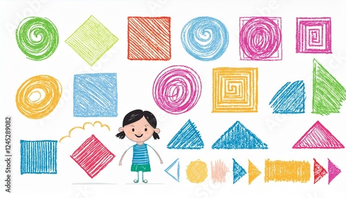 Crayon pencil color brush hand drawn chalk vector element set. Scribble pastel texture brush stroke kid square, spiral, arrow element hand drawn sketch design. Crayon pencil style. Vector illustration