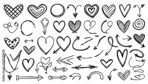 Line arrow hand drawn shape brush underline stroke element vector set. Hand drawn doodle sketch arrow, circle, star brush stroke scribble underline icon. Marker doodle heart vector illustration.