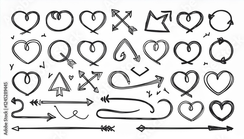 Line arrow hand drawn shape brush underline stroke element vector set. Hand drawn doodle sketch arrow, circle, star brush stroke scribble underline icon. Marker doodle heart vector illustration.