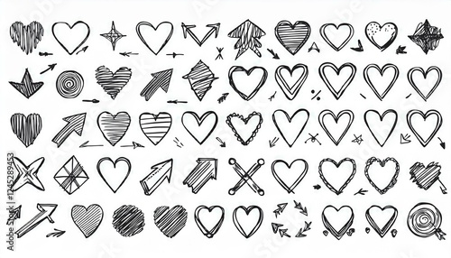 Line arrow hand drawn shape brush underline stroke element vector set. Hand drawn doodle sketch arrow, circle, star brush stroke scribble underline icon. Marker doodle heart vector illustration.