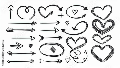 Line arrow hand drawn shape brush underline stroke element vector set. Hand drawn doodle sketch arrow, circle, star brush stroke scribble underline icon. Marker doodle heart vector illustration.