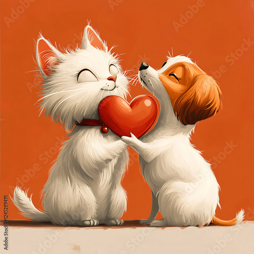 A cute dog and cat share a heart, symbolizing love and friendship between pets. photo