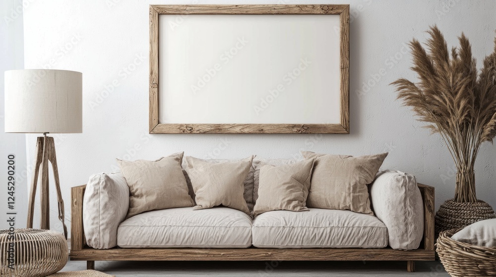 Fototapeta premium Cozy Bohemian Living Room Interior Design with Wooden Sofa and Pampas Grass