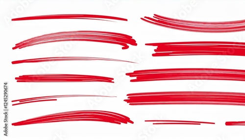 Red marker underline brush stroke set. Marker red pen highlights squiggle stroke. Vector swoosh brush handwritten underline set for accent, pencil emphasis element. Vector illustration
