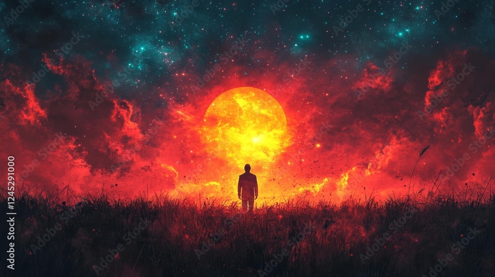 Man Facing Fiery Sun and Stars. Generative AI Man Facing Fiery Sun and Stars. Generative AI