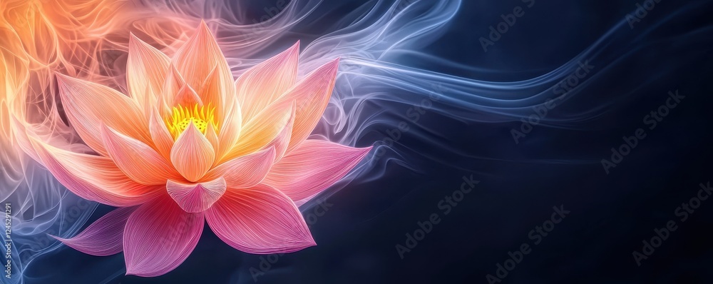 A stunning lotus flower glows delicately amid wispy, colorful smoke against a dark background, symbolizing beauty and tranquility. A stunning lotus flower glows delicately amid wispy, colorful smoke against a dark background, symbolizing beauty and tranquility.