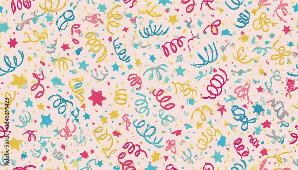 Fototapeta premium Birthday confetti seamless pattern background. Birthday decoration confetti, ribbon element, cute seamless pattern. Fun childish color abstract decoration element background. Vector illustration.