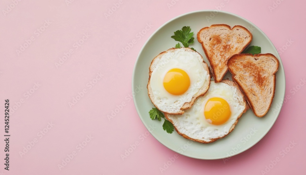 A delicious breakfast plate featuring sunny-side-up eggs and toast on a pastel pink background. A delicious breakfast plate featuring sunny-side-up eggs and toast on a pastel pink background.