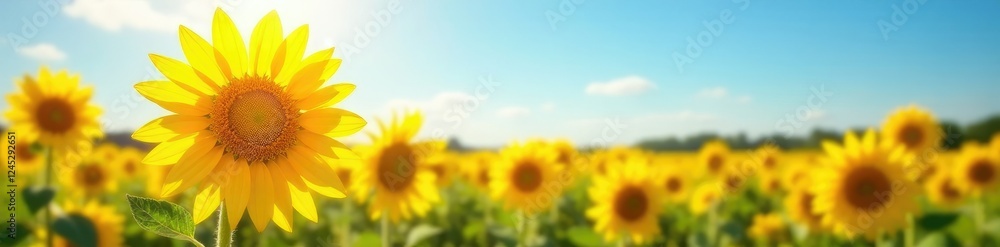 Obraz premium Glowing sunflower field under bright blue sky with subtle blur effect, sunny, sunflower