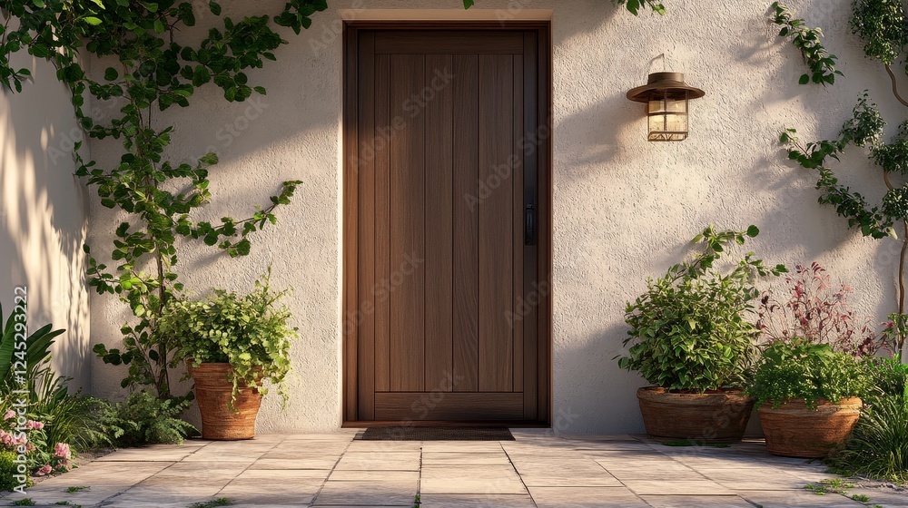 Fototapeta premium Rustic wooden door with potted plants and lantern on sunny patio