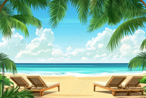 tropical beach with chairs and umbrella