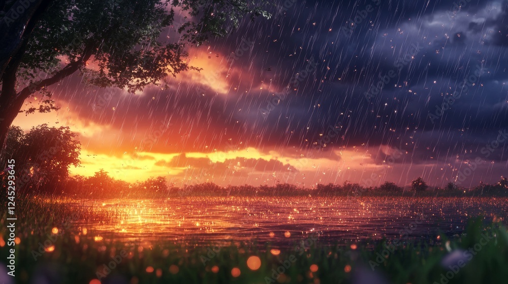 24.A serene yet stormy nature scene of heavy rain falling from layered clouds, the horizon glowing faintly as the storm recedes. 24.A serene yet stormy nature scene of heavy rain falling from layered clouds, the horizon glowing faintly as the storm recedes.