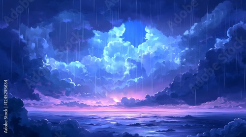 Wallpaper Mural 24.A serene yet stormy nature scene of heavy rain falling from layered clouds, the horizon glowing faintly as the storm recedes. Torontodigital.ca