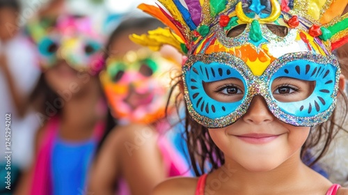 Children wearing carnival masks, parade background, festive celebration, stock photo