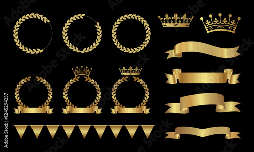 Set of golden laurel wreaths and crowns, ribbons, laurel wreaths of different shapes for winners. Luxury leadership award on dark background. Golden award ribbon banners for text, Label.