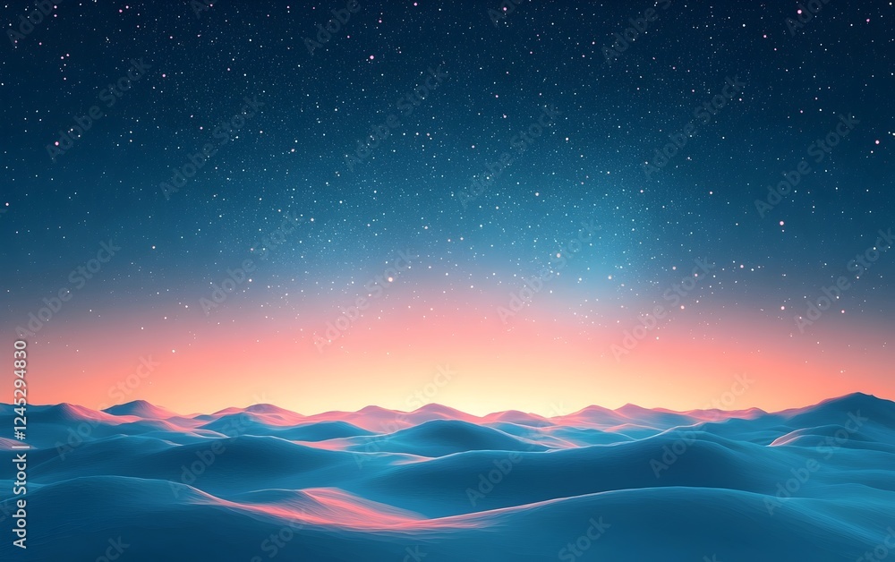A serene twilight landscape with rolling hills, bathed in soft blue and pink hues, contrasting against a star-filled sky, evoking a sense of calm and tranquility. A serene twilight landscape with rolling hills, bathed in soft blue and pink hues, contrasting against a star-filled sky, evoking a sense of calm and tranquility.