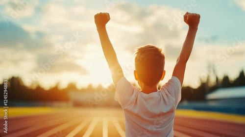 Victory Lap: A young athlete stands triumphantly on the track, arms raised in the air, bathed in the golden glow of the setting sun, a testament to hard work, determination.