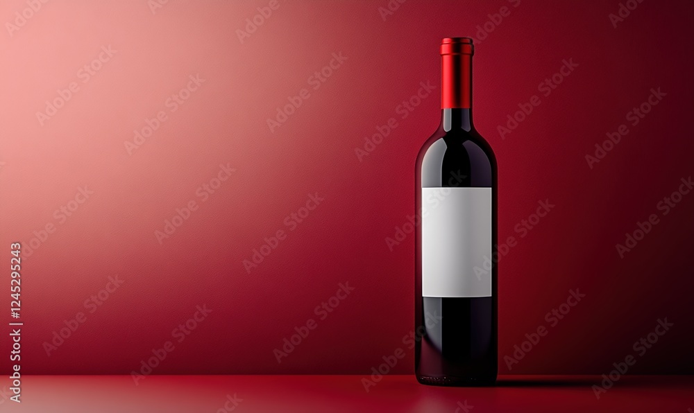 Elegant red wine bottle with blank label displayed against a deep red backdrop Elegant red wine bottle with blank label displayed against a deep red backdrop
