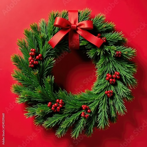 Wallpaper Mural Pine needle wreath adorned with red berries and ribbon wrapped around the stem, wreaths with pine, red berry wreath Torontodigital.ca