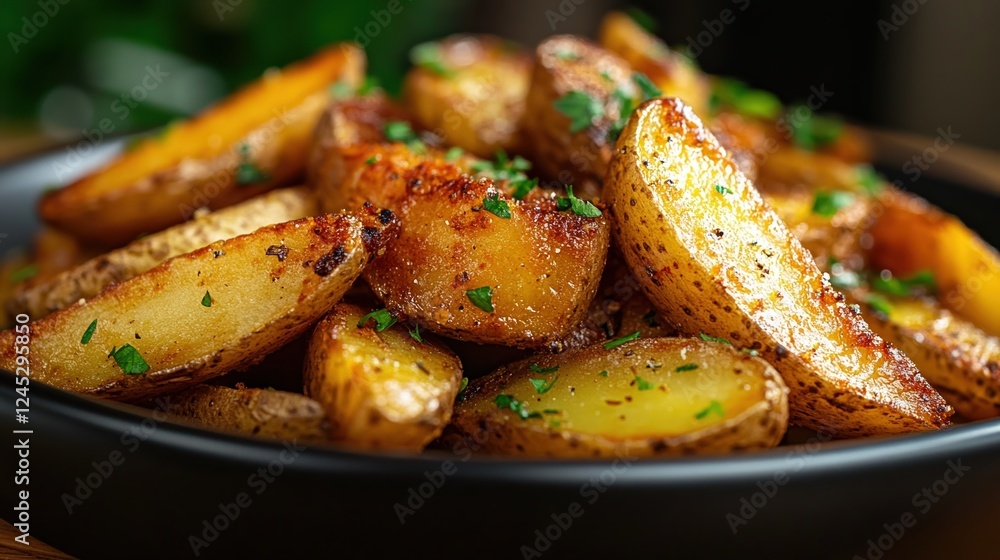 Tasty heap of golden potato fries garnished with fresh herbs Tasty heap of golden potato fries garnished with fresh herbs