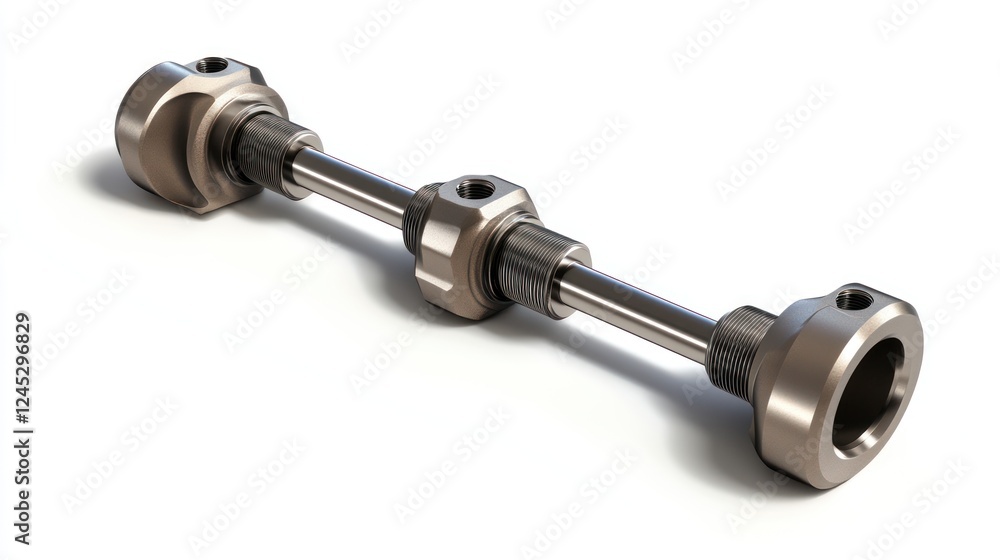 A metallic camshaft, used in engine mechanics for controlling valve timing. A metallic camshaft, used in engine mechanics for controlling valve timing.