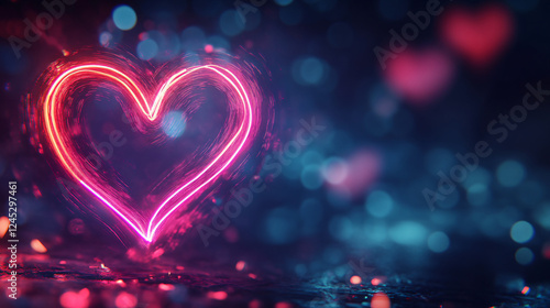 A glowing neon heart surrounded by colorful bokeh, symbolizing love and passion. photo