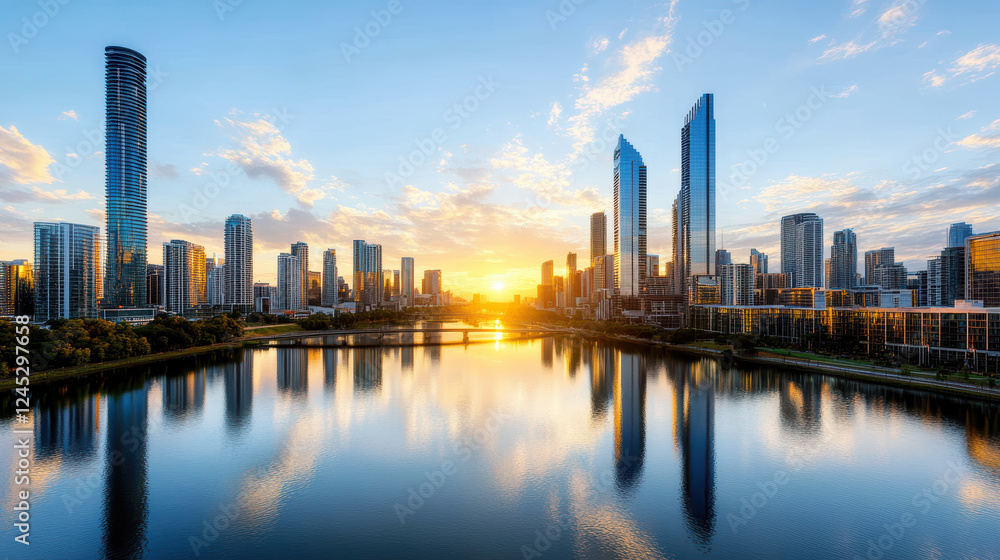 stunning city skyline reflecting on water at sunset, showcasing modern architecture stunning city skyline reflecting on water at sunset, showcasing modern architecture