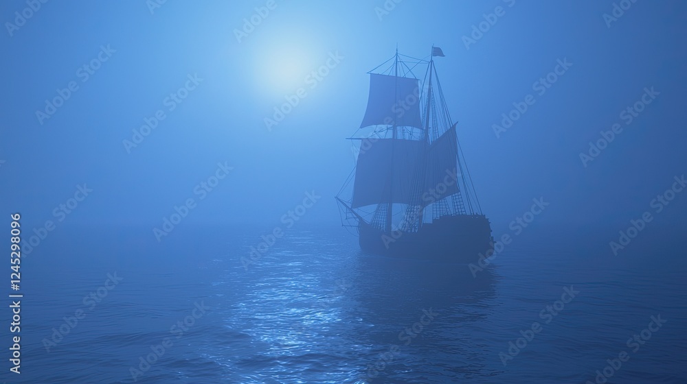 A sailing ship glides through a misty blue ocean A sailing ship glides through a misty blue ocean