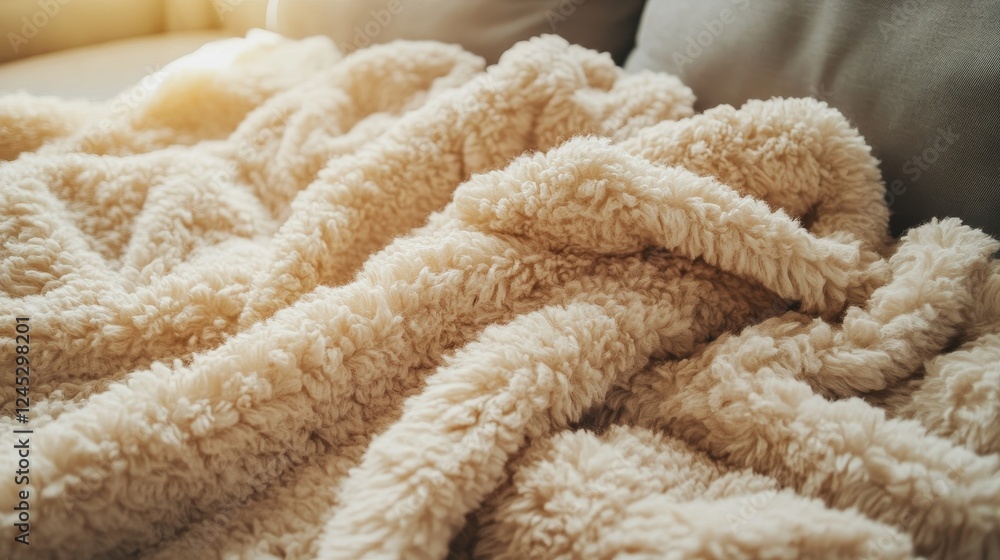 Cozy beige fleece blanket on a soft couch in sunlight Cozy beige fleece blanket on a soft couch in sunlight