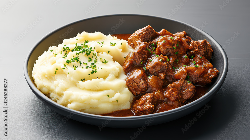Creamy mashed potatoes with hearty beef stew, garnished with herbs Creamy mashed potatoes with hearty beef stew, garnished with herbs