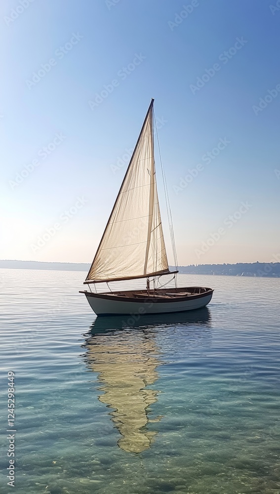 Fototapeta premium Sailboat at calm lake, clear water, sunrise, travel