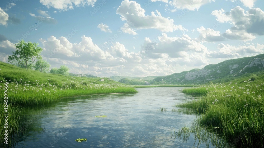 Obraz premium Serene River Landscape: A Picturesque Vista of Tranquil Waters and Lush Meadows Under a Summer Sky