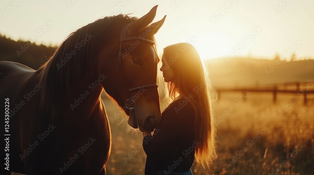 Obraz premium Young woman with her horse in evening sunset light