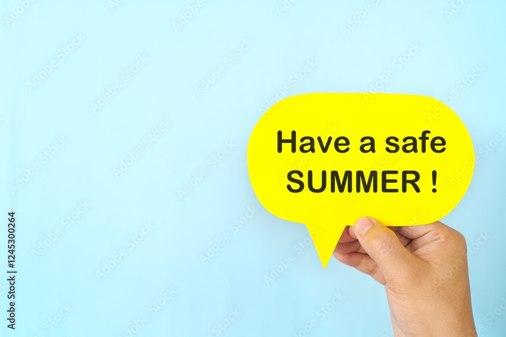 Summer essentials and safety tips reminder concept. Hand holding bright yellow speech bubble in blue background.