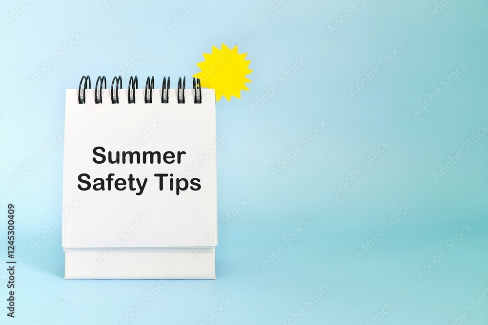 Summer safety tips reminder concept. Desk note in blue background.