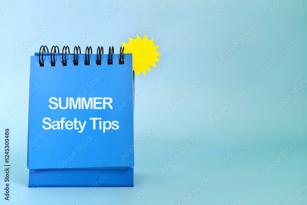 Summer safety tips reminder concept. Desk note in blue background.